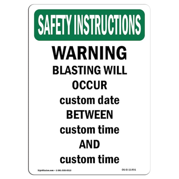 OSHA Sign, Warning Blasting Occur Custom, 24in X 18in Rigid Plastic, 18" W, 24" L, Portrait